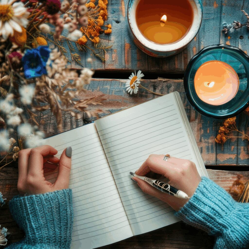 Ladies hand holding a pen over a blank notepad with a candle and flowers nearby.