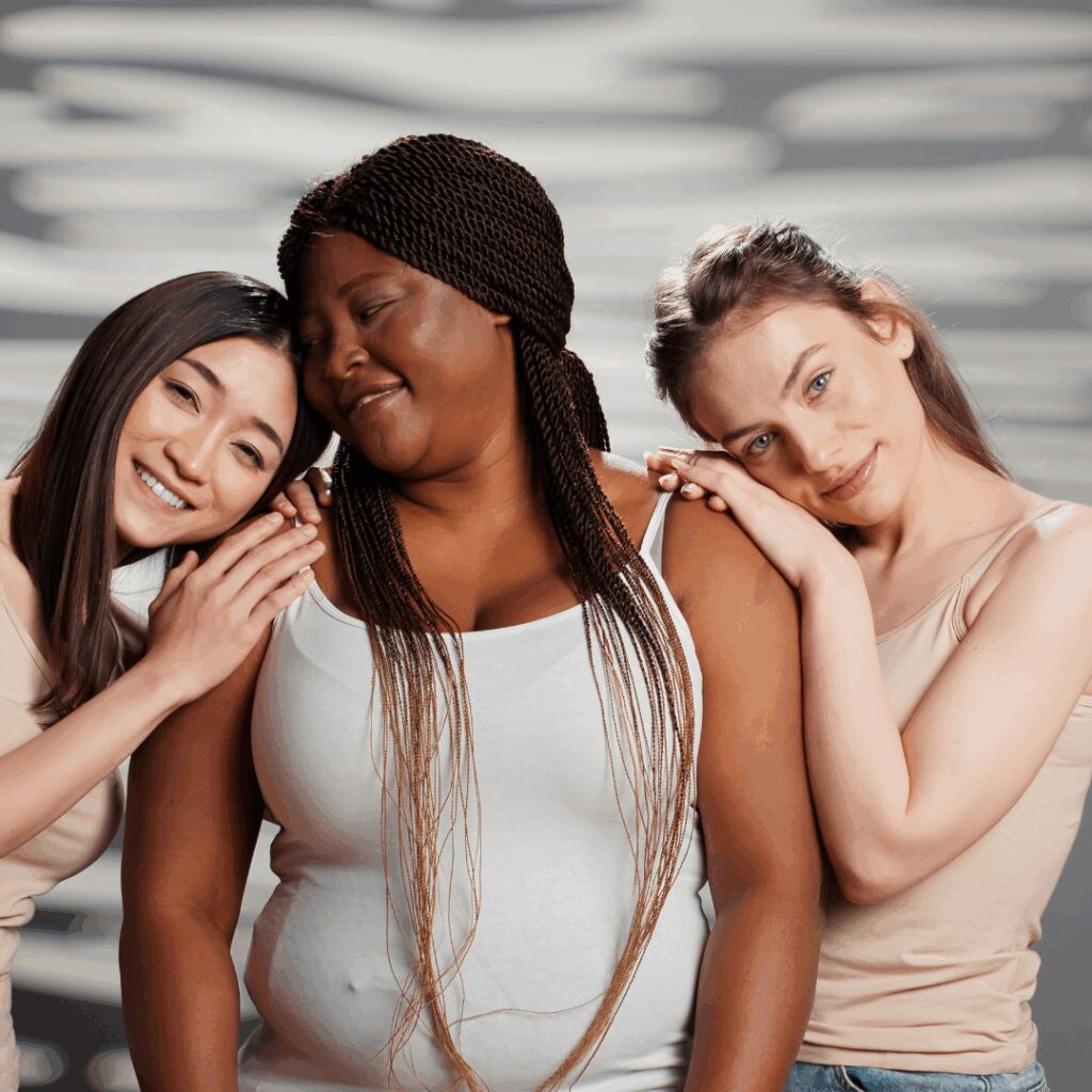 A group of women of different shapes and sizes being accepting of each other