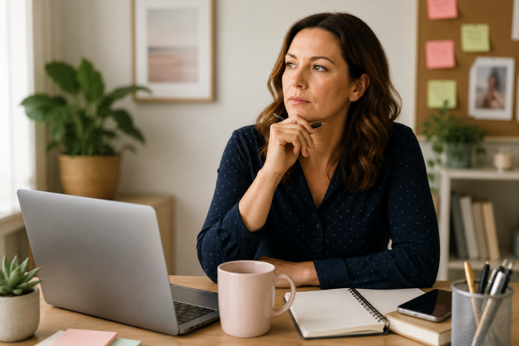 A woman sitting at her desk with her laptop, a mug and a notepad with hand on chin, looking thoughtful.